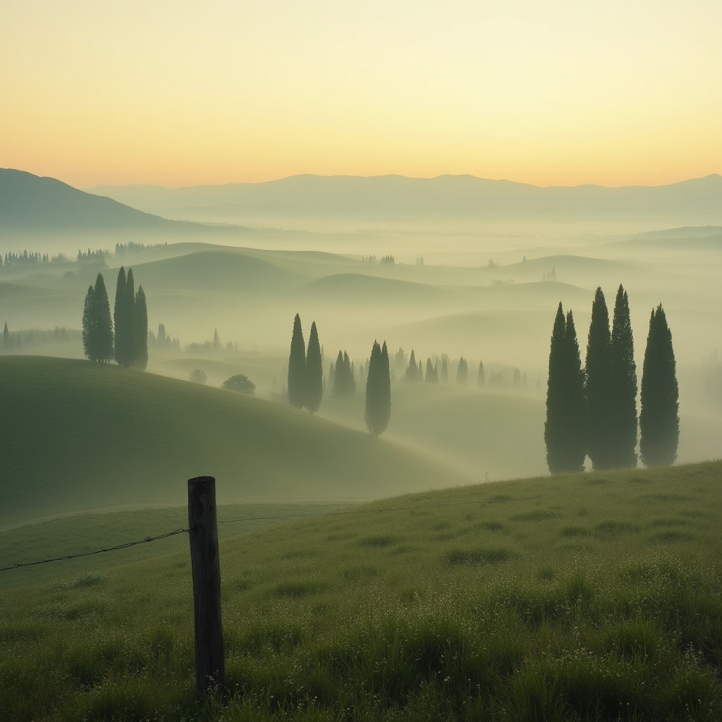 Campagna umbra nella nebbia mattutina, paesaggio autentico